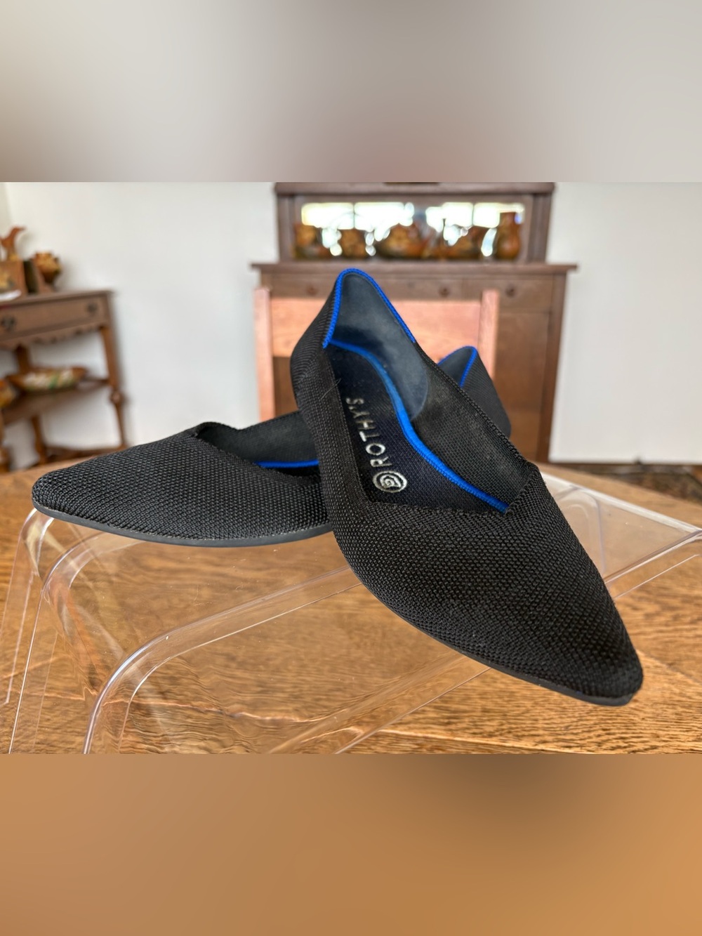 Rothy's Black Knit Slip-On Loafers with Blue Trim Size 8.5